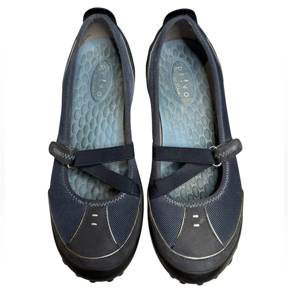 Privo by Clarks Mary Jane Flats 7M Navy Blue Comfort Mesh Leather Slip On - Picture 2 of 6